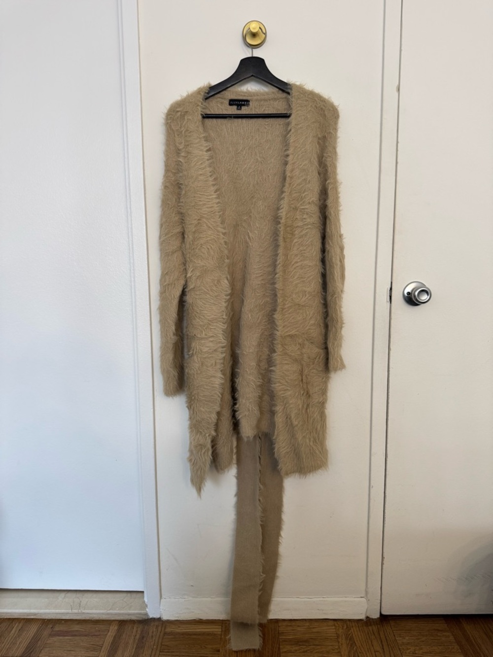 JLuxLabel Fuzzy Longline Open Cardigan - Tan